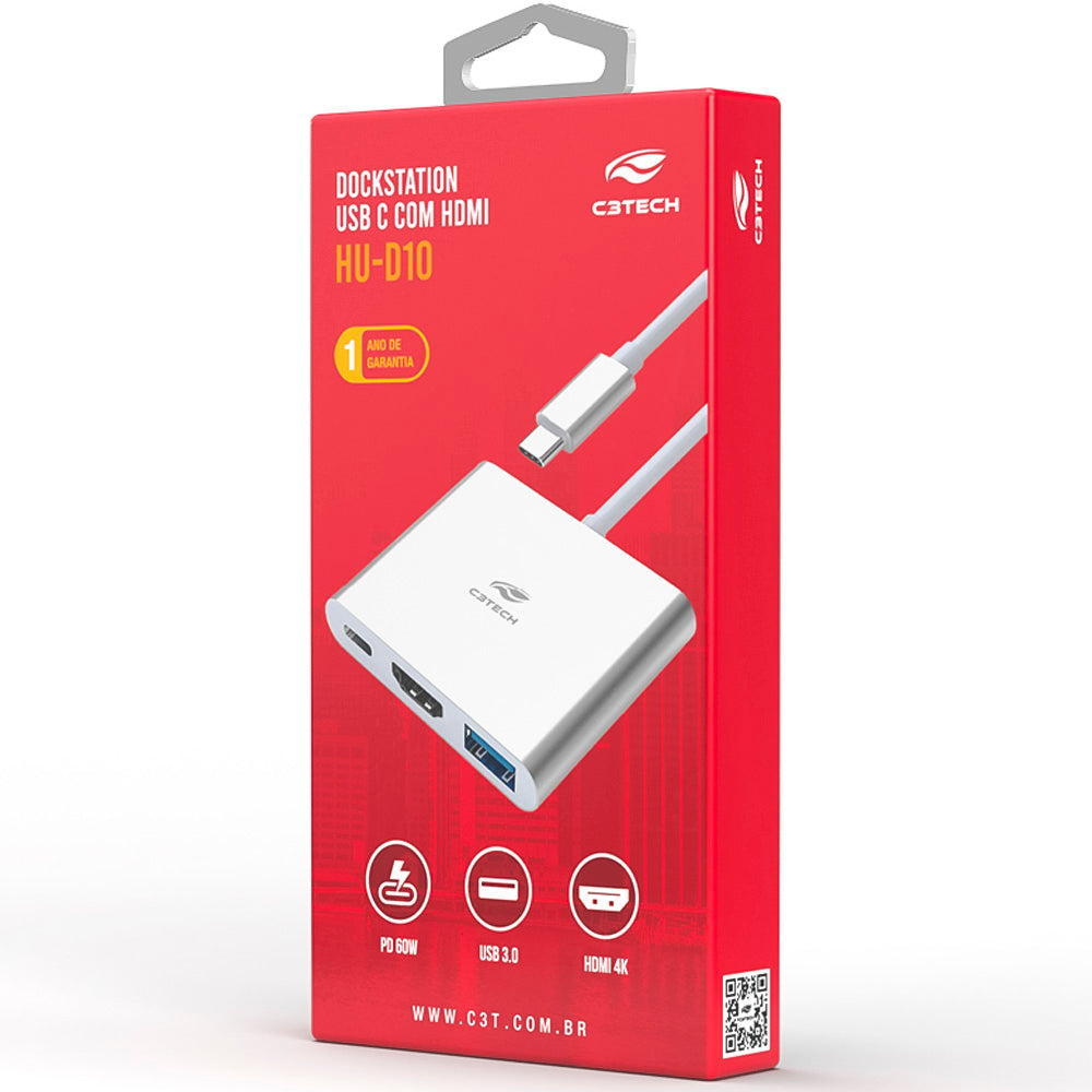 HUB USB-C 3.0, Com 3 Portas, Saída HDMI 4K 30Hz HU-D10SI, C3tech - Prata