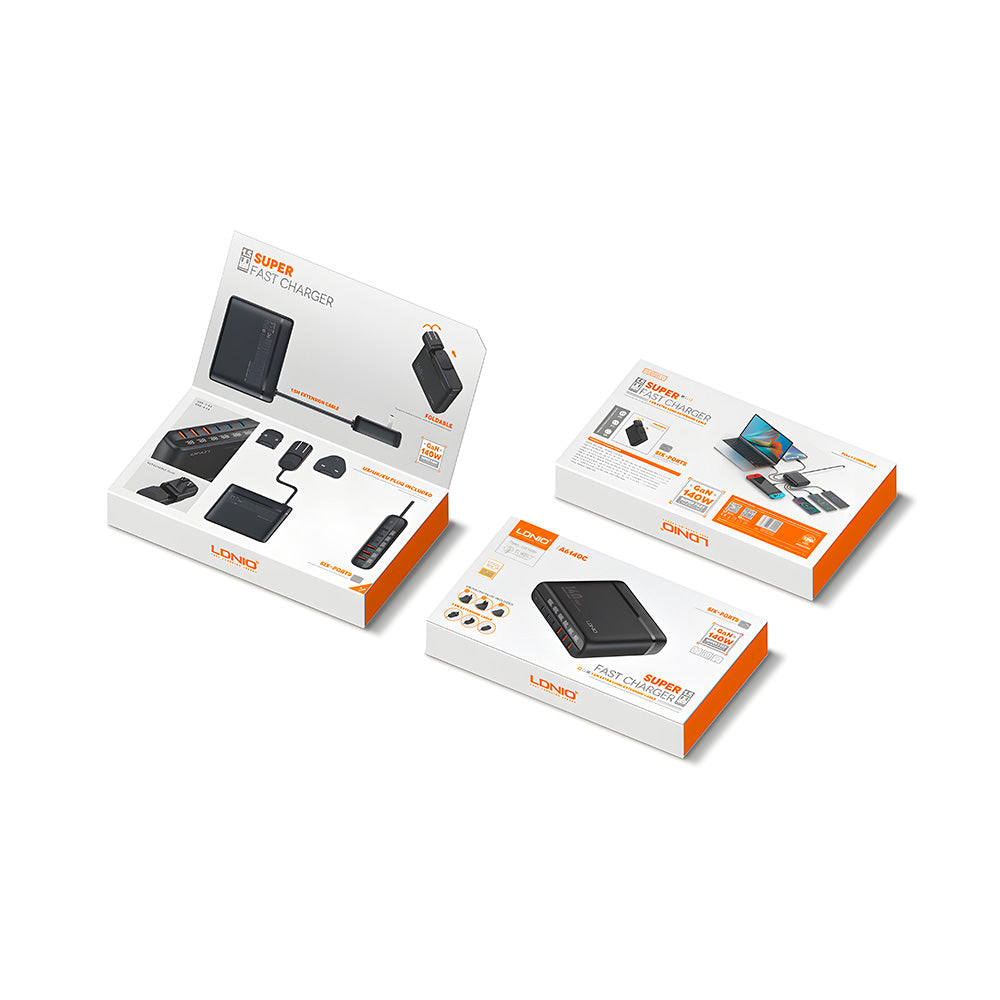 Estação de Carregamento 140W Com 3 Entradas USB e 3 Entradas USB-C  - Com 4 Cabos, LDNIO - A6140C