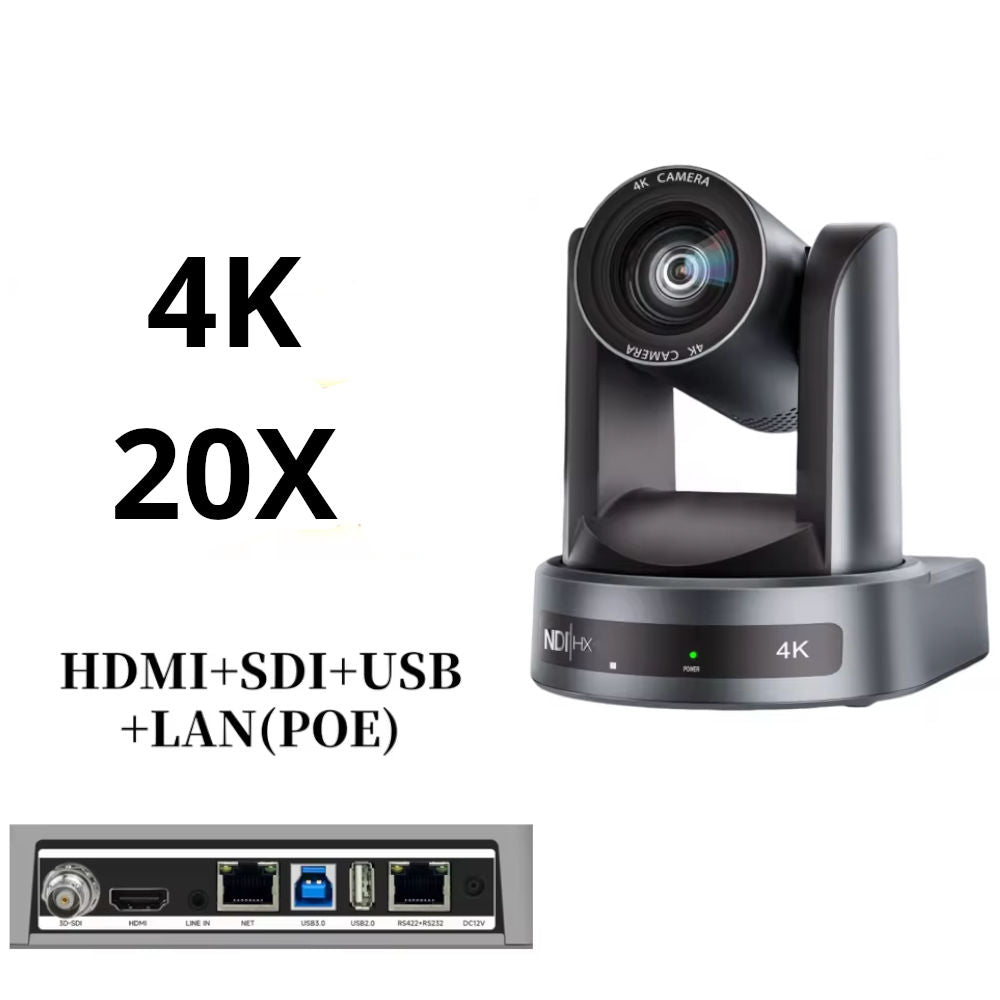 Câmera de Conferência PTZ 4K NDI Rastreamento Automático com IA, Zoom 20X, SDI, HDMI, IP, USB, POE - Cinza