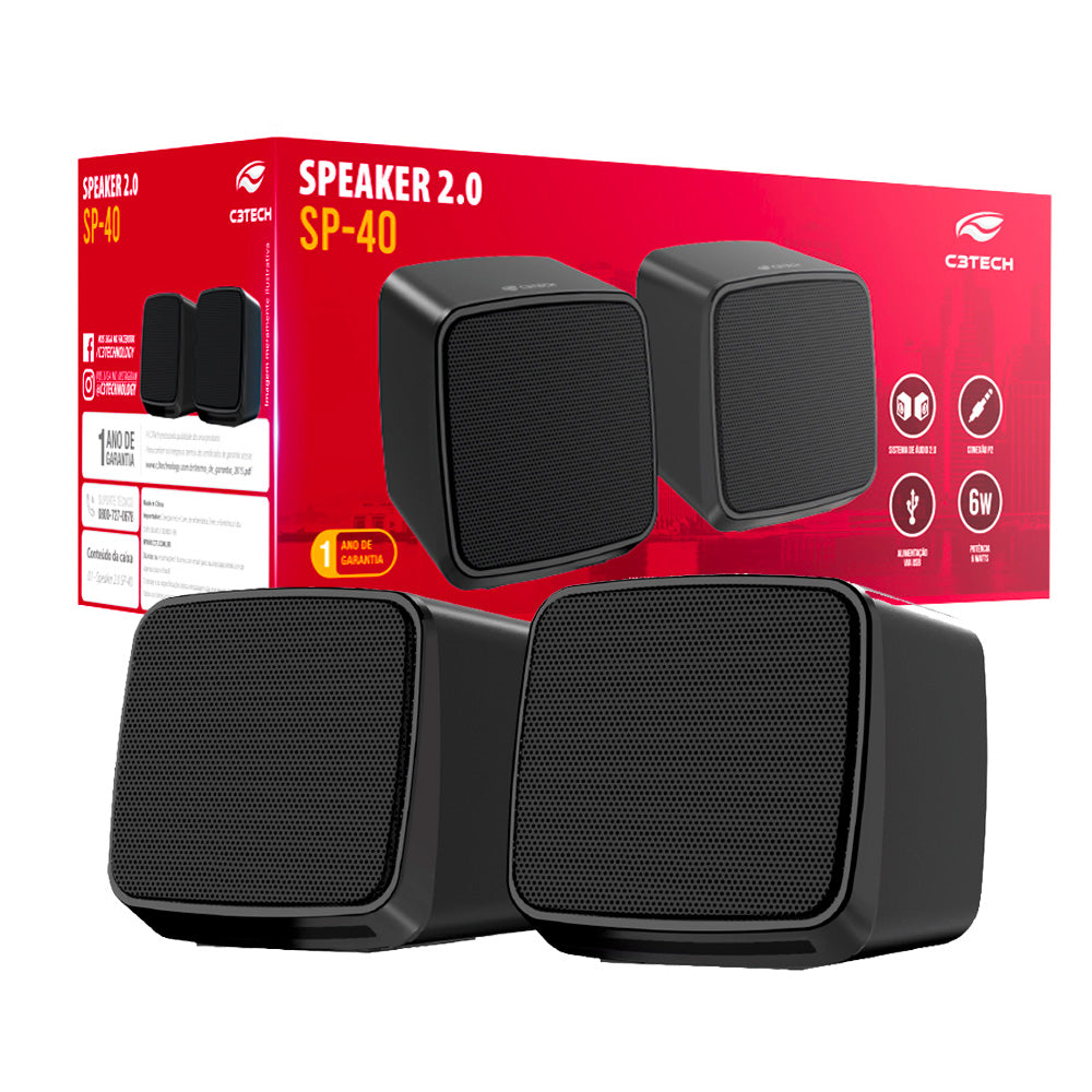 Caixa de Som Speaker C3Tech SP-40, Áudio 2.0, Conexão P2, 6W, SP-40BK - Preta