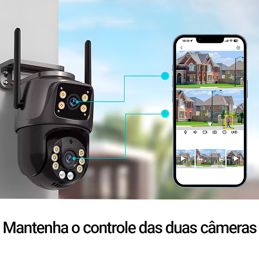 Câmera de Segurança Dupla, Giratória, IP, Wi-Fi, Full HD, 4MP, PTZ, Visão Noturna, iCSee, Compatível Alexa, IP66, Preta