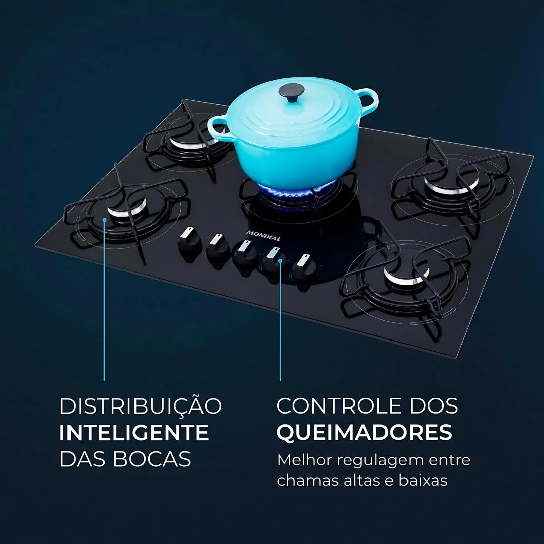 Cooktop 5 Bocas a Gás GLP Mondial CTG-02, Vidro Temperado Preto, Acendimento Automático, Bivolt