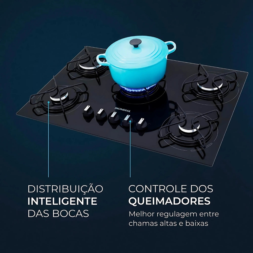 Cooktop 5 Bocas a Gás GLP Mondial CTG-02, Vidro Temperado Preto, Acendimento Automático, Bivolt