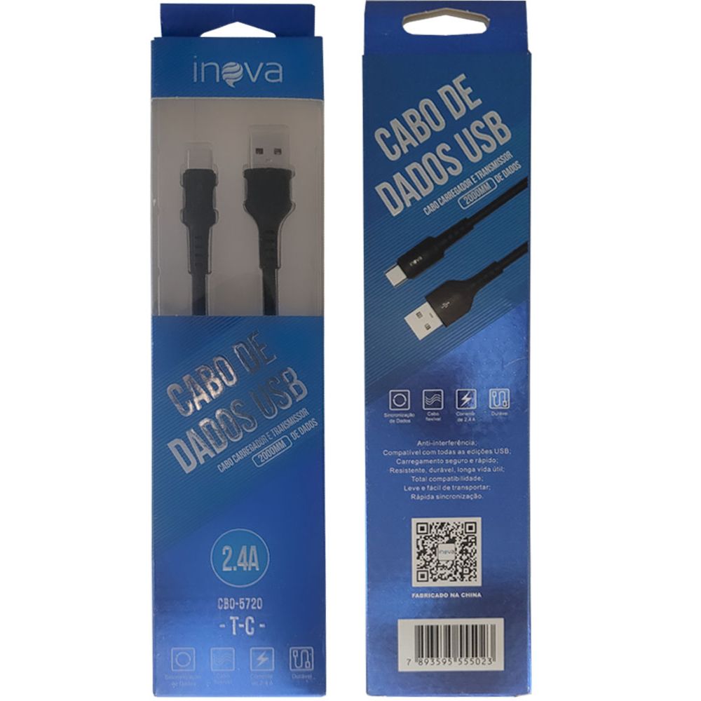 Cabo de Dados USB Carregamento 2.4A Tipo C Preto Inova - CBO-5720