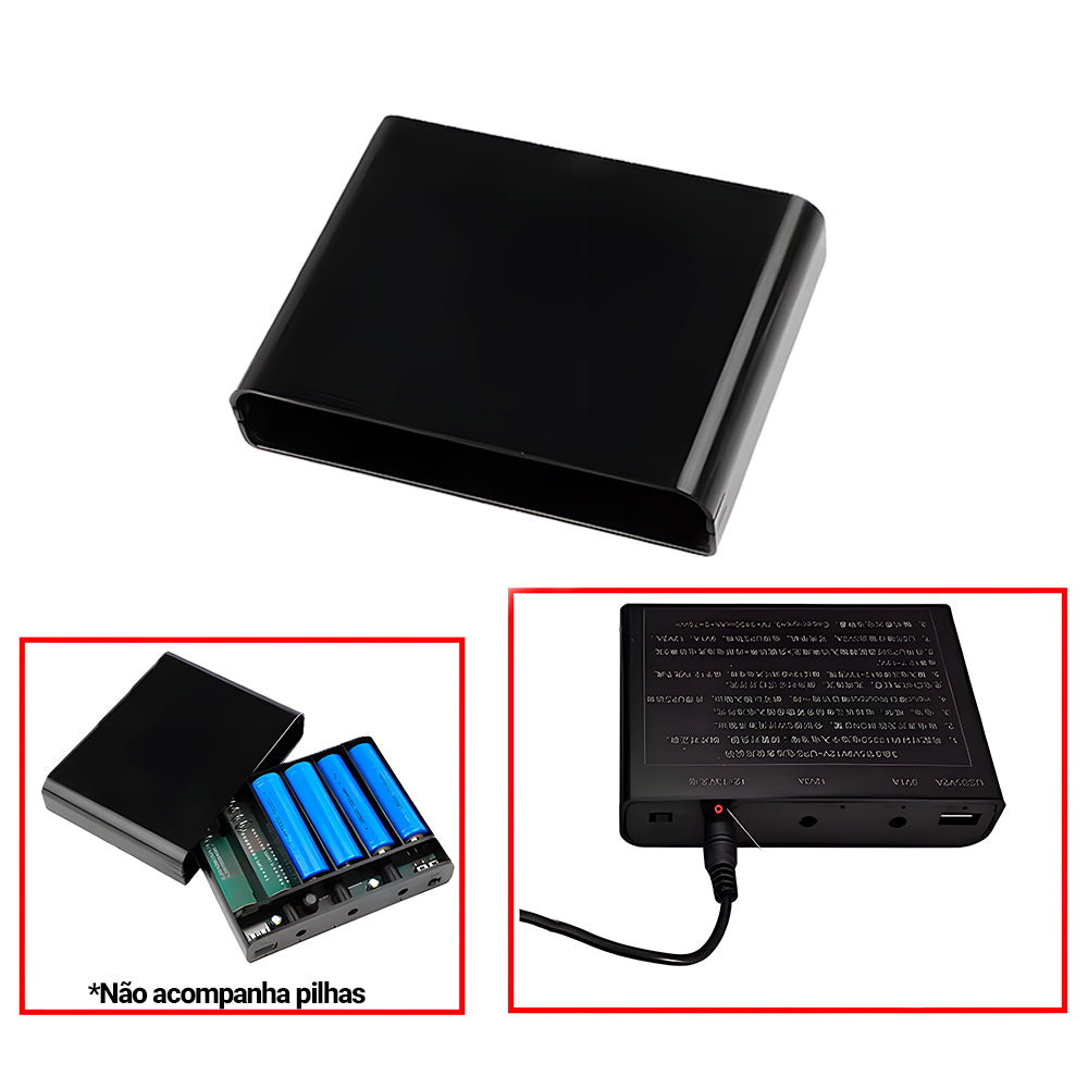 Fonte de Alimentação Ininterrupta, UPS, 5V/ 9V/ 12V, Entrada 6x Baterias 18650, Para Câmera e Roteador - Preto