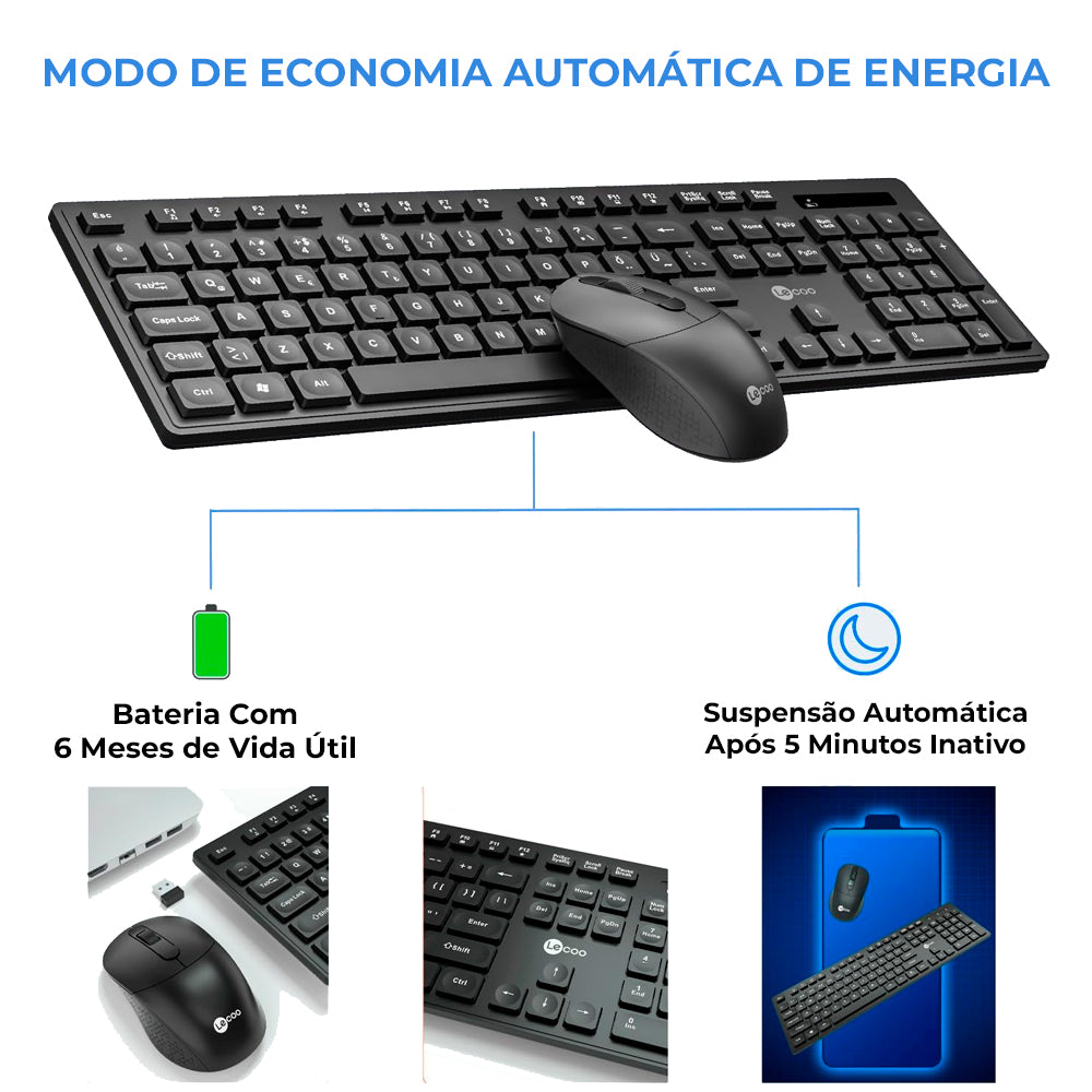 Kit Teclado e Mouse Sem Fio, Lecoo, Teclado Membrana ABNT2, Mouse Óptico 2.400 DPI, Multimidia KW201, Preto