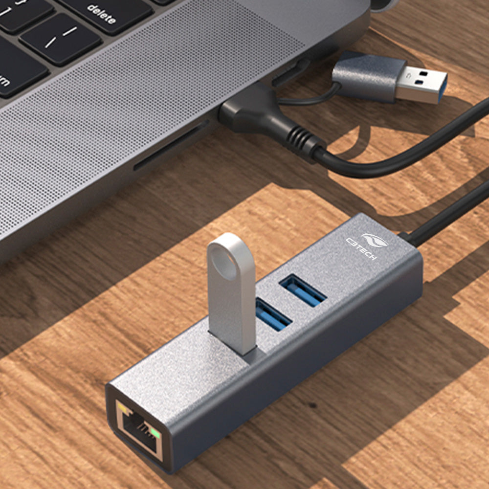 HUB USB-C 3.0 C3Tech HU-LAN1000GY, 4 Portas (3x USB-A 3.0 + RJ-45 Gigabit), Entrada Reversível USB-C/USB-A - Cinza