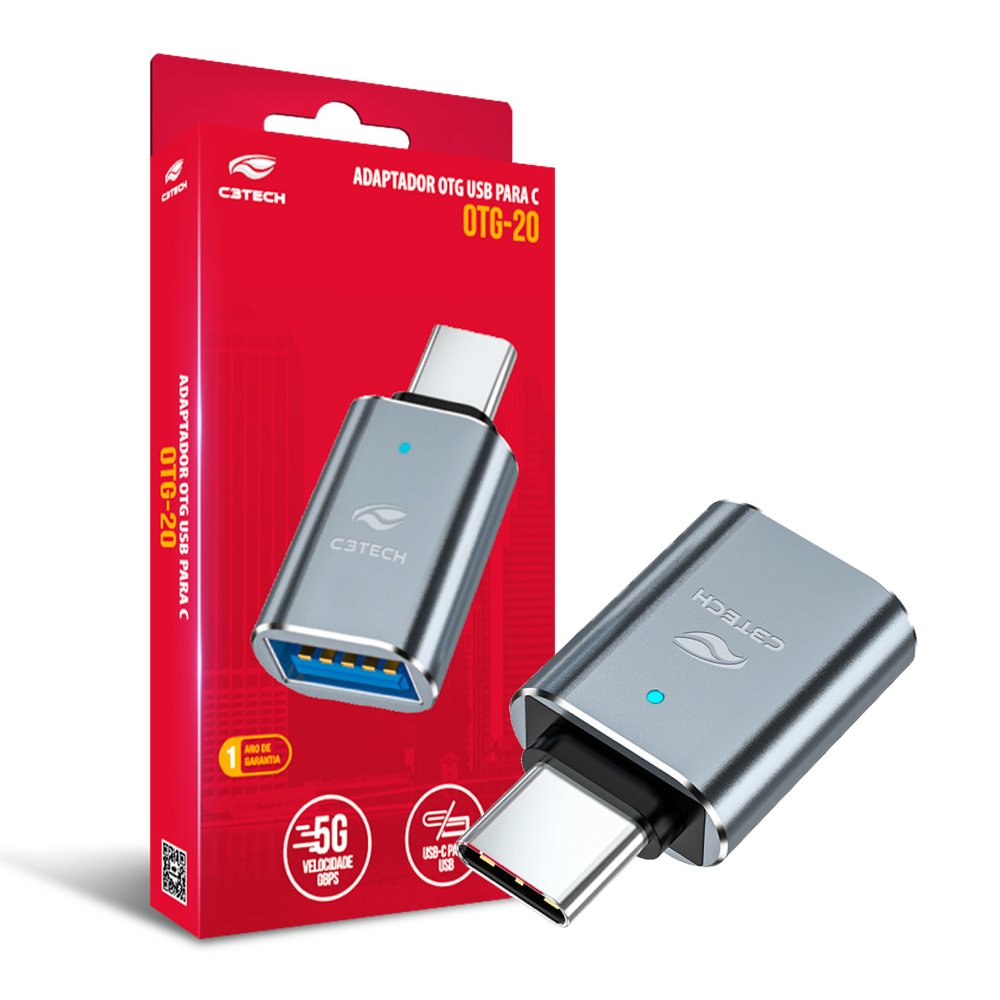 Adaptador OTG-20 C3Tech, USB-C Macho para USB-A Fêmea, USB 3.0 até 5 Gbps, Carregamento Rápido, Compacto