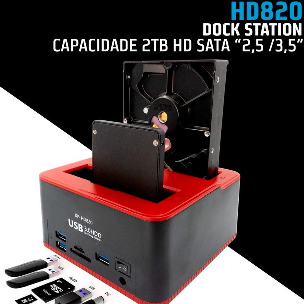 Dockstation Vertical Para HDD de 2.5" e 3.5", Com Entrada Para USB e Cartão de Memoria - KP-HD820