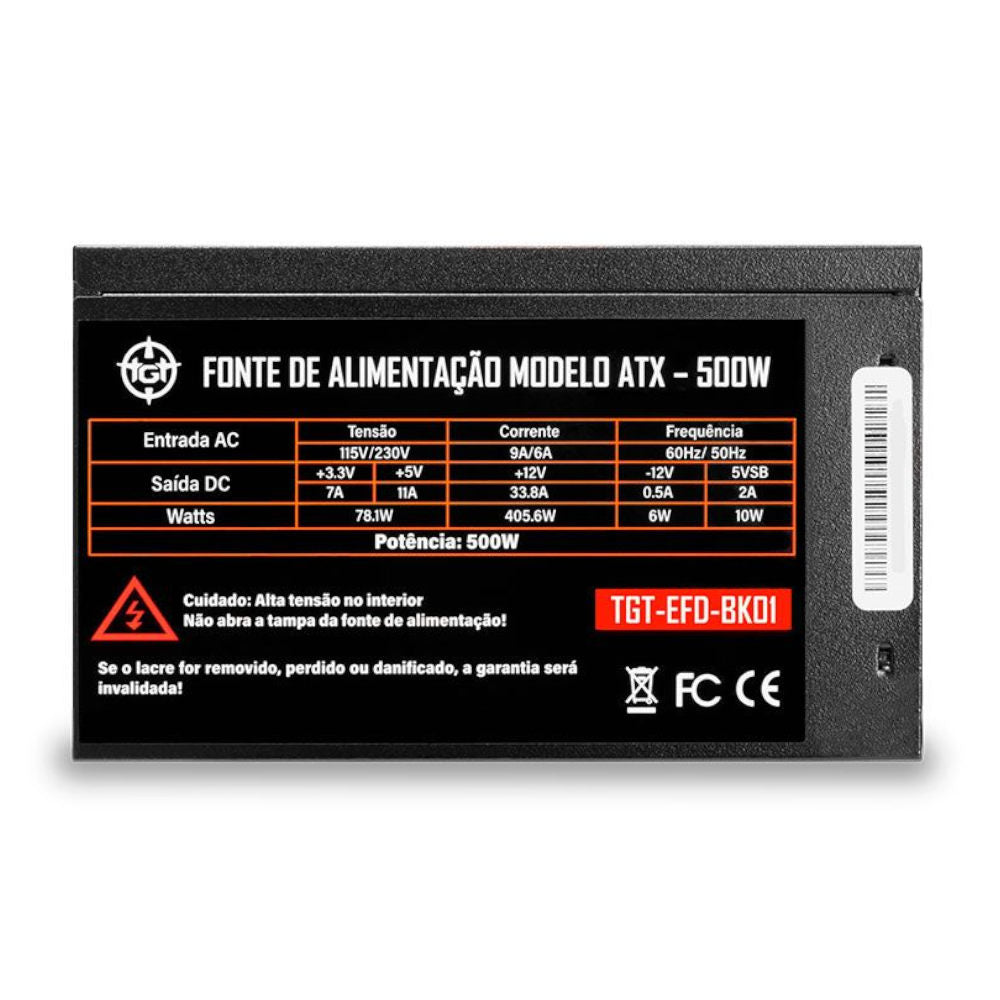 Fonte ATX TGT Enfield 500W Bivolt Automática Cooler 120mm Silenciosa TGT-EFD-BK01