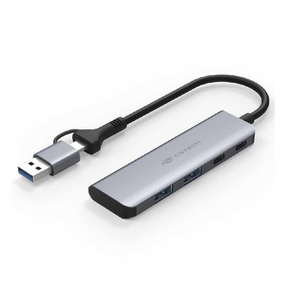 HUB USB com 4 Portas C3Tech HU-C600GY, Entrada USB-A e C Reversivel, 2 Portas USB-A e 2 Portas USB-C, Cinza