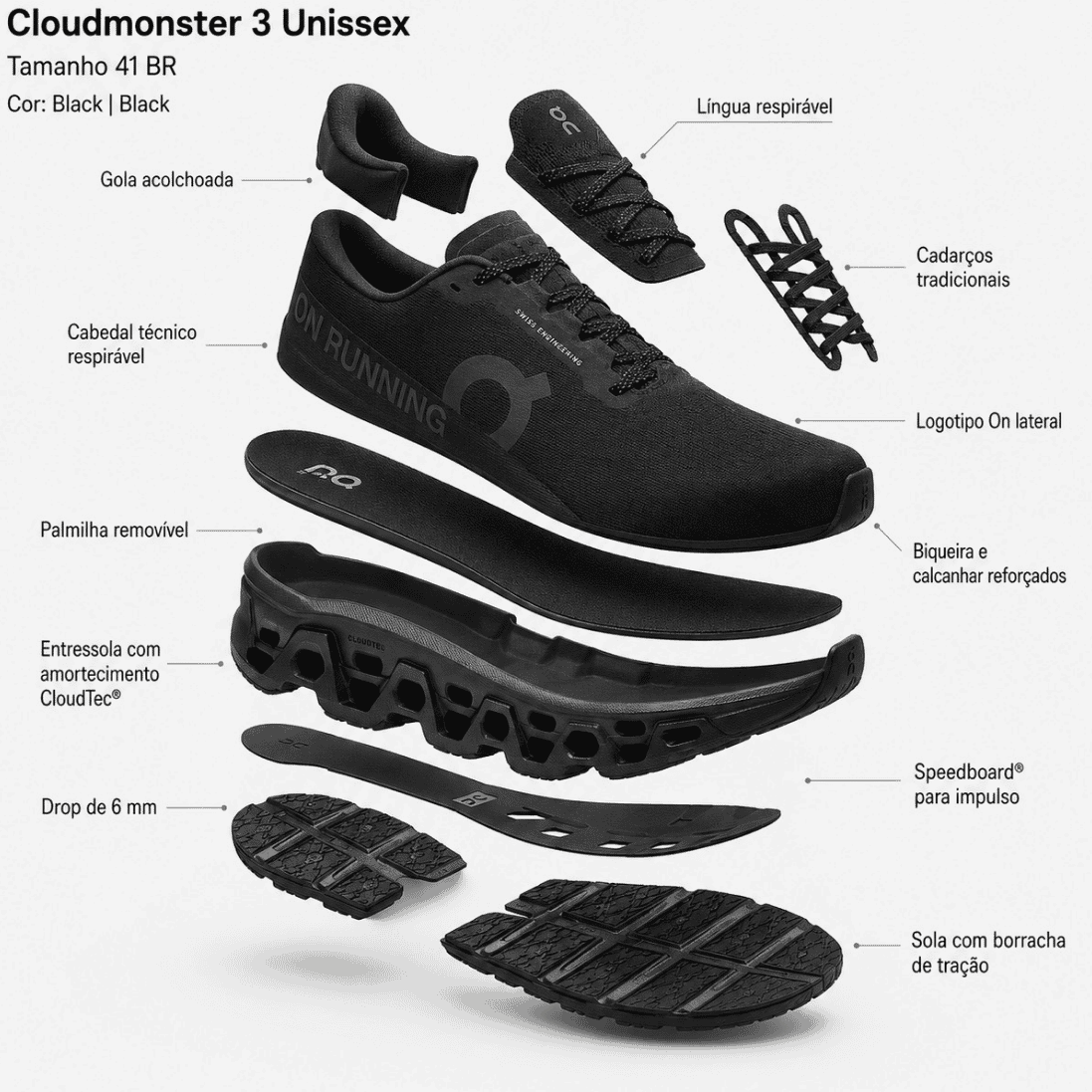 Tênis de Corrida On Running Cloudmonster 3 Masculino Tamanho 41 Original - Preto