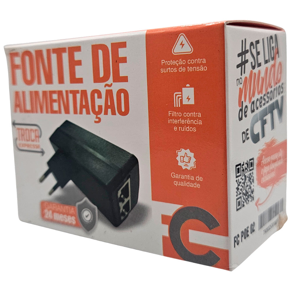 Fonte PoE 48Vdc 0.5A (24W), Bivolt 100-240Vac, 2 Portas RJ-45, PoE Passivo, Plug and Play, FCPOE02 - FC Fontes