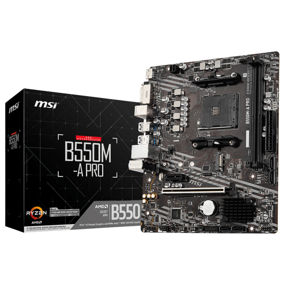 Placa Mãe MSI B550M-A PRO AMD AM4 mATX DDR4 Chipset B550 Gigabit LAN, M.2 PCIe 4.0 SATA 6Gb/s, HDMI 2.1, DVI-D, USB 3.2