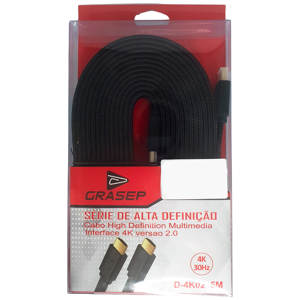 Cabo HDMi Para HDMi 5 Metros Em Malha 2.0 Full HD 4K 30Hz GRASEP - D-4K02