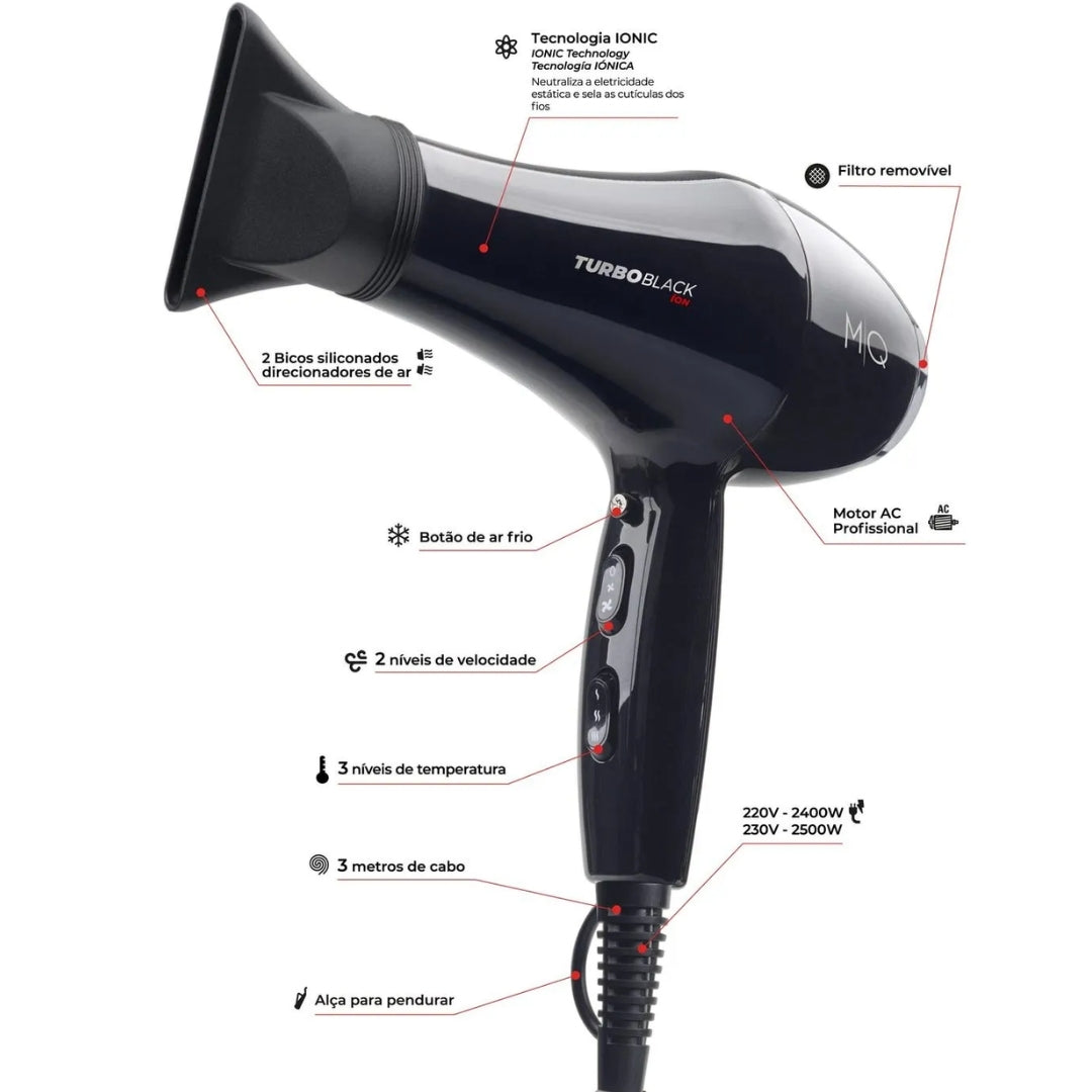 Secador de Cabelo, MQ Professional, Turbo Black, 220V, 2500W