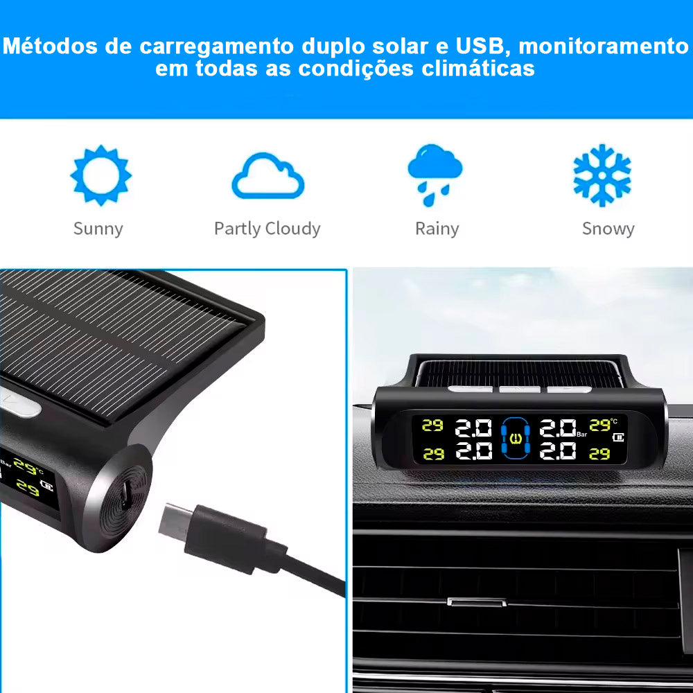 Sistema de Monitoramento de Pressão de Pneus TPMS, Com Carregamento Solar - Preto