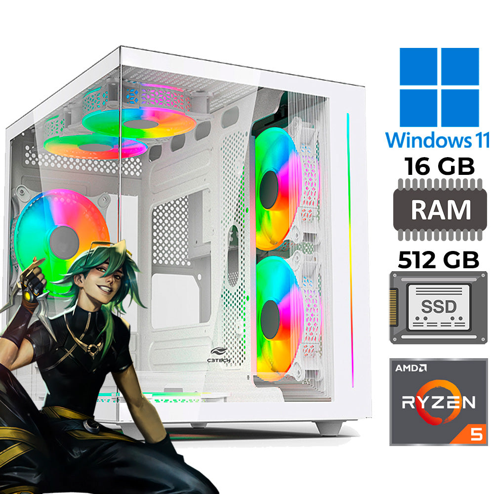 Computador Gamer Ryzen 5 5600GT, Vega 7, RAM 16GB DDR4, SSD M.2 NVMe 512GB, Windows 11 Pro, Gabinete Aquario MT-G810WH