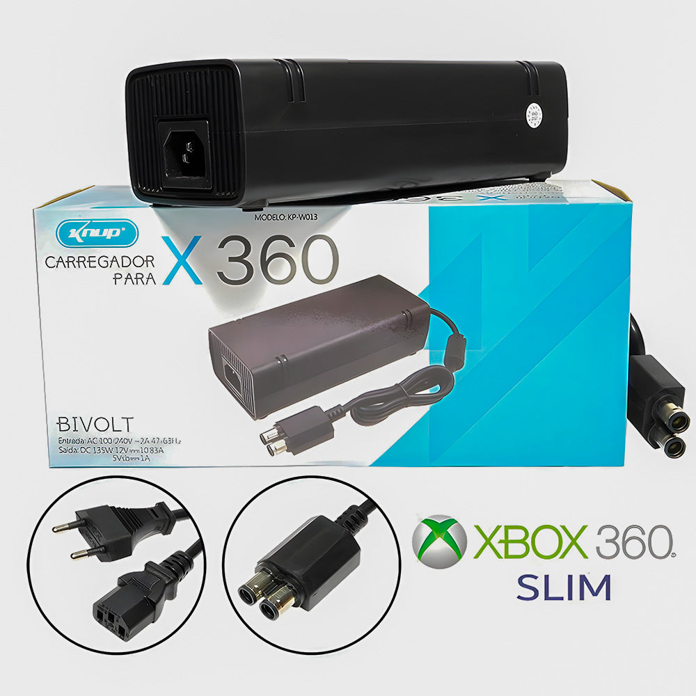 Fonte Carregador Xbox 360 Slim Pino Duplo Bivolt Knup - KP-W013