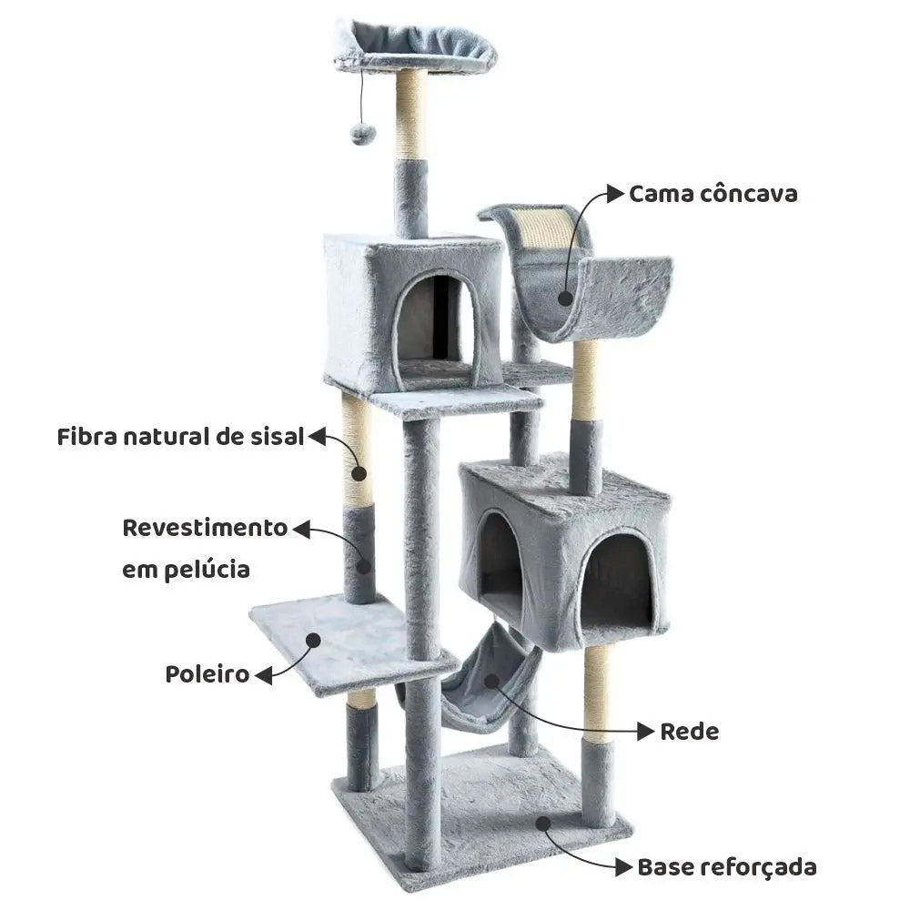 Arranhador De Gato Grande, Luxuoso, Multifuncional Com Casas, Camas, Rede, Poleiros e Brinquedo, Cinza