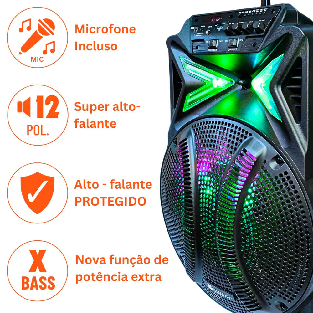 Caixa de Som Amplificada 500W, Bluetooth, Com Microfone e Controle, Sumay Stone 12- SM-CAP44