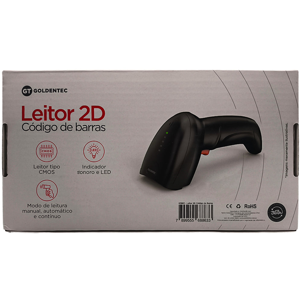 Leitor de Código de Barras 2D, USB 1.6m, Goldentec, 200 Leituras Por Segundo, Produtos, QR Code e NFe, GT-63883