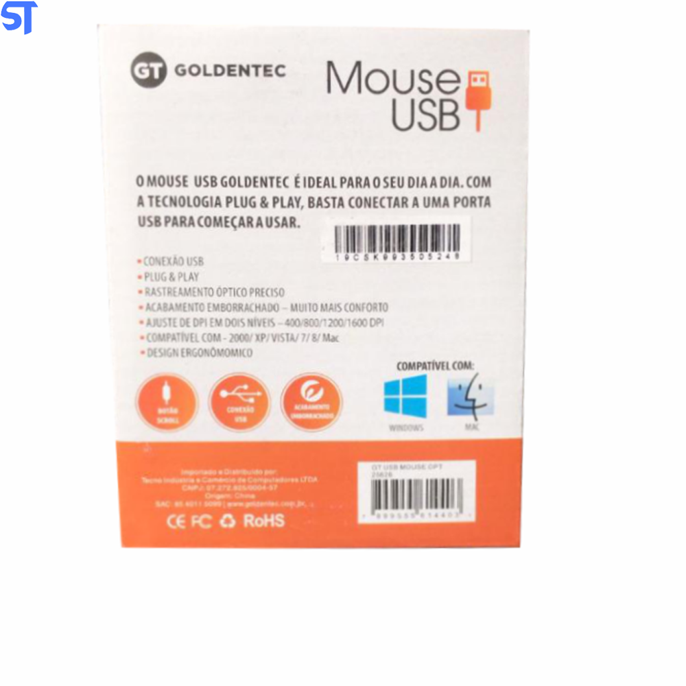 Mouse Usb Óptico Ergonômico 400 a 1600 Dpi Plug And Play Goldentec GT 25626 SK9935