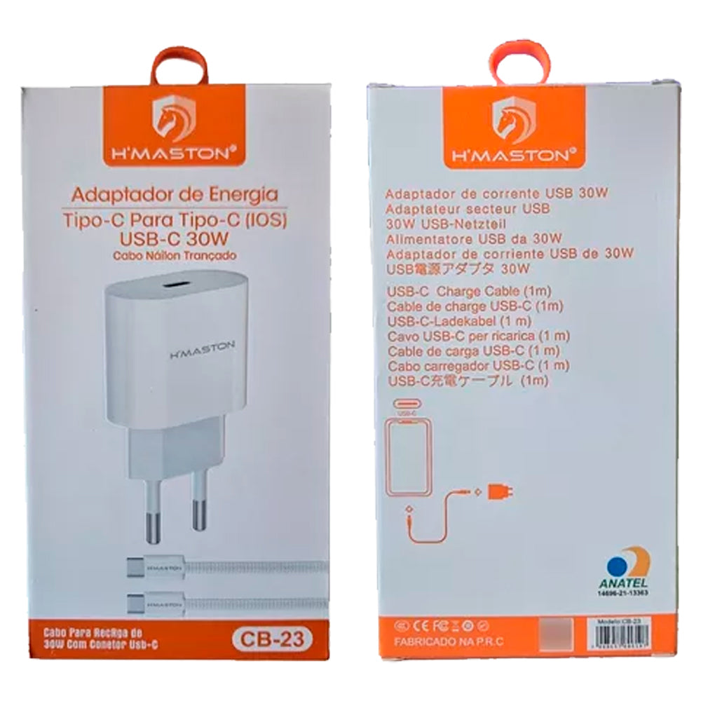 Fonte Carregador Turbo, 30W, Com Cabo 1 Metro Tipo-C Para Tipo-C, H'Maston, CB-23, Branco