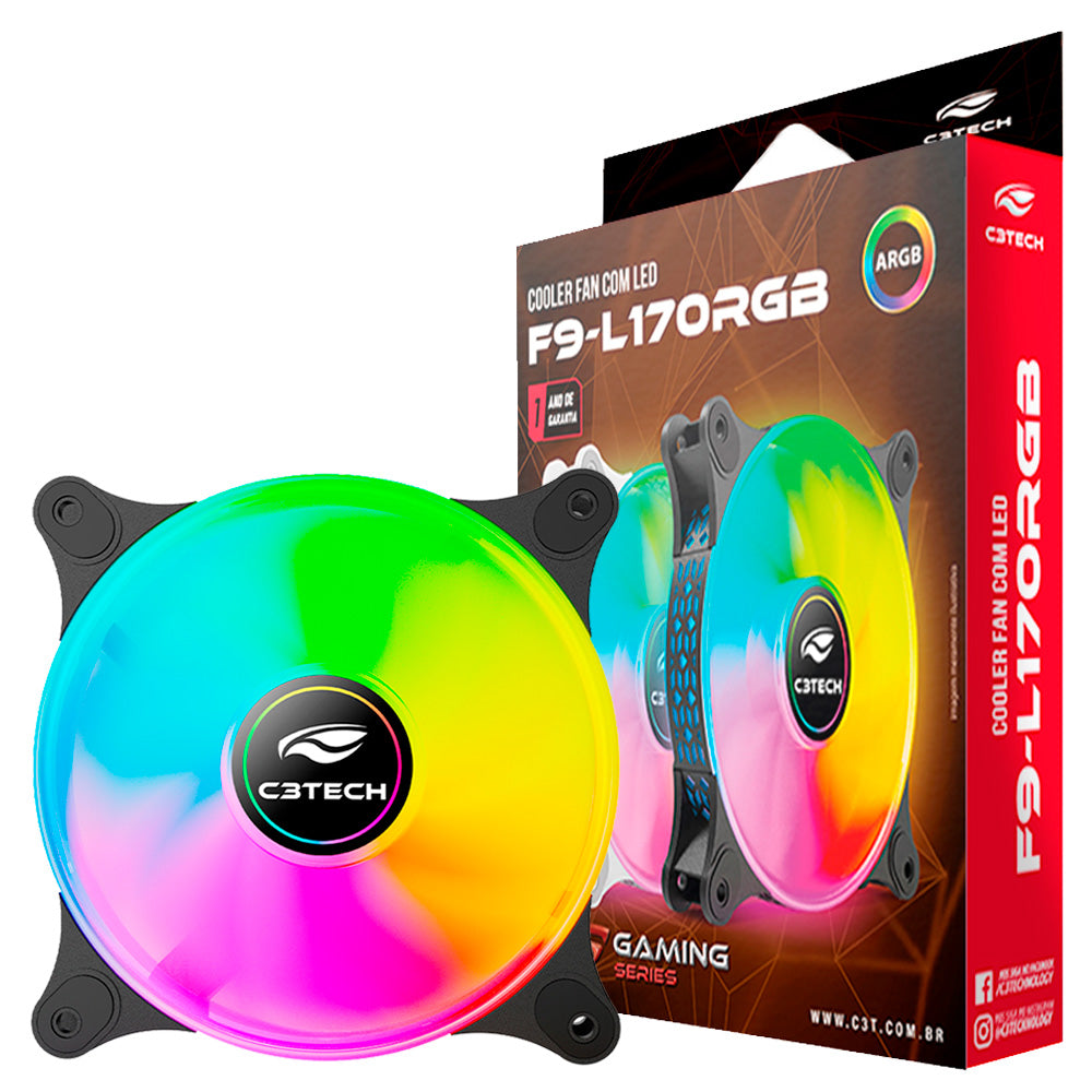 Cooler Fan Gamer, ARGB, F9-L170BK, 12cm, C3Tech Gaming, 1.200 RPM, 6 Pinos, Preto