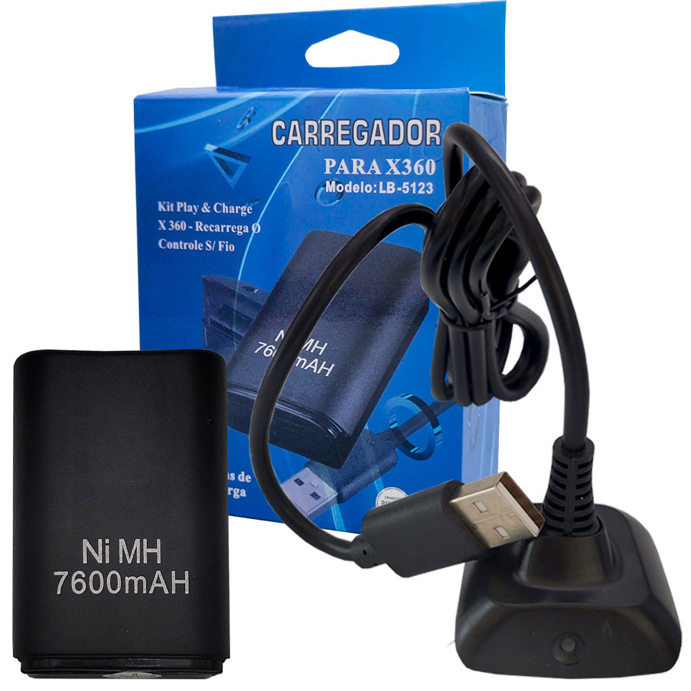Carregador Com Cabo, Para Controle Sem Fio de XBOX 360, Com Bateria 7600mAH, LB-5123