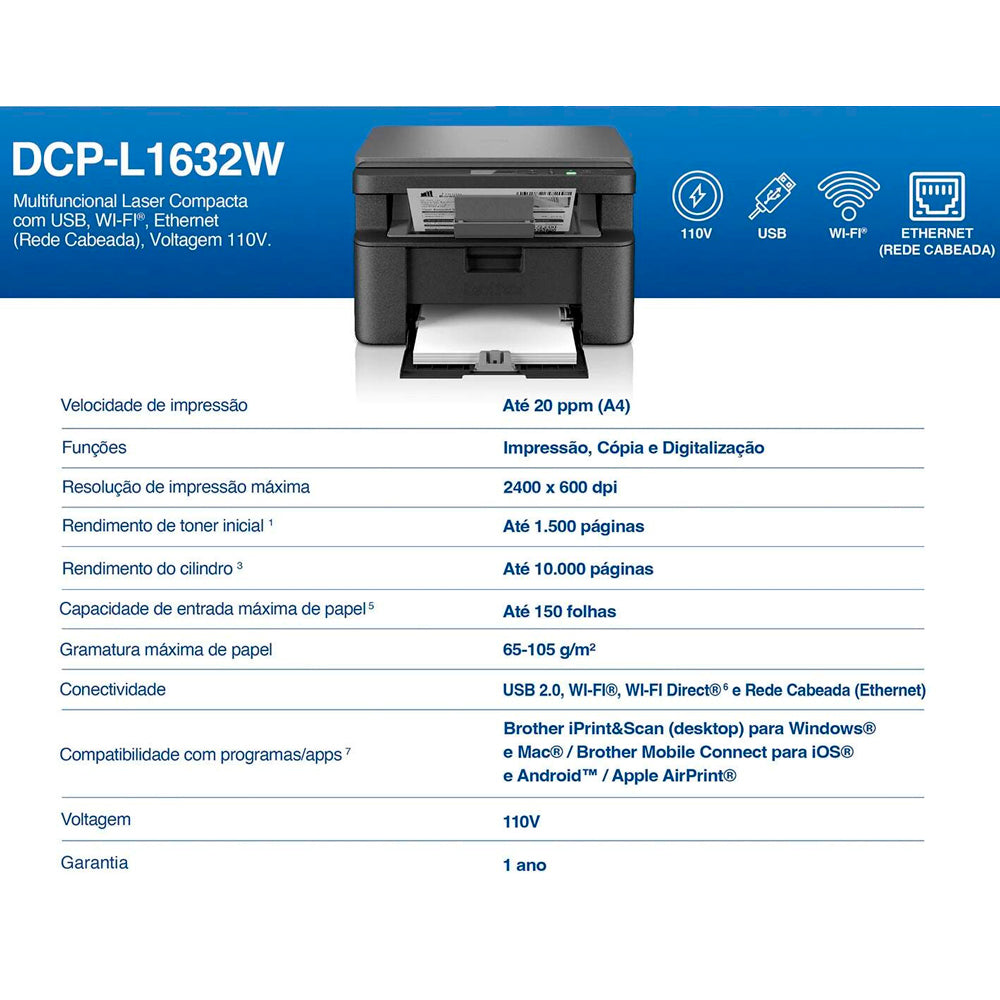 Multifuncional Brother DCP-L1632W Laser Mono, Wi-Fi, 110V, Impressão 20ppm, Scanner, Copiadora