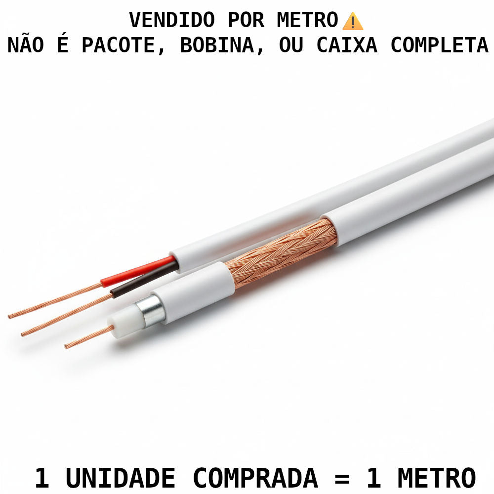 Metro de Cabo Coaxial 4mm Trançado com Alimentação Interna para CFTV, Diproseg, 2x26AWG - Branco (Venda por Metro)