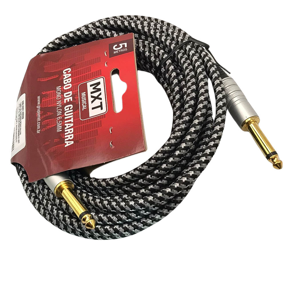 Cabo para Guitarra e Violão 5 Metros Blindado P10 x P10 Têxtil Anti-Interferência - Preto