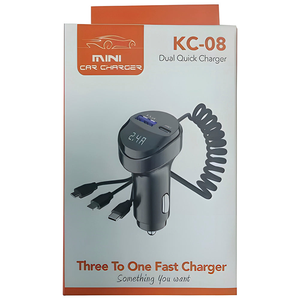 Carregador Veicular 55W Com Uma Entrada USB 3.1A e Uma Entrada USB-C, Com 3 Saídas de Carregamento - KC-08