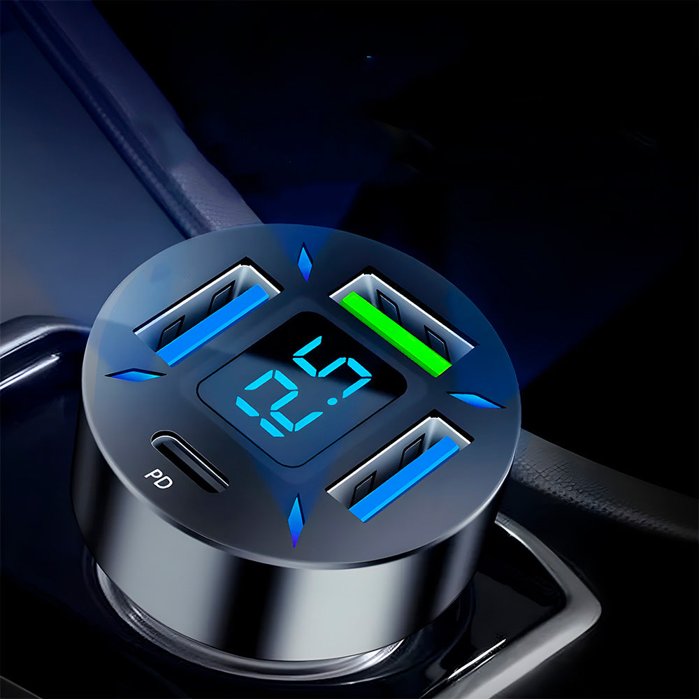 Carregador Veicular Turbo Fast Charging Com Três Portas USB 3.1A e Uma Porta USB-C - Preto