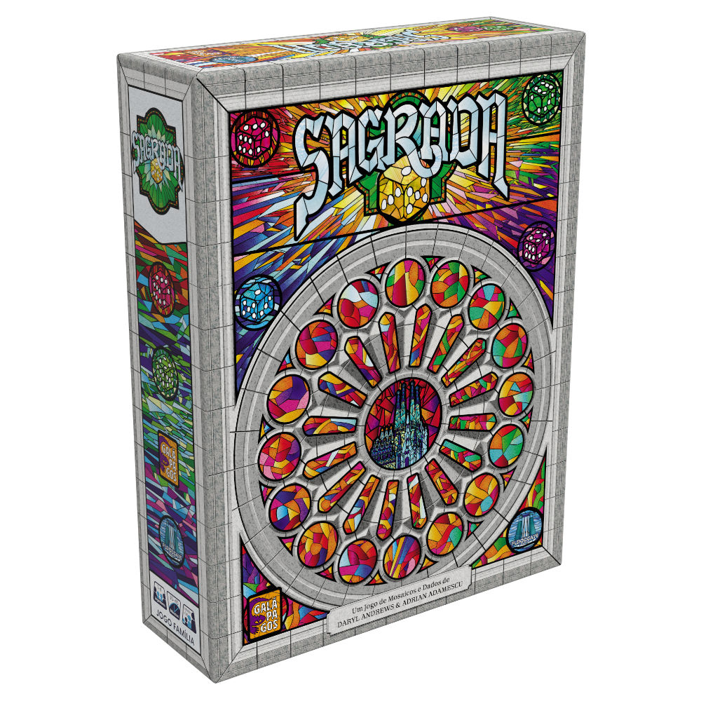 Jogo Tabuleiro Sagrada Galápagos Mosaico Dados 1-4 Jogadores, 90 Dados Coloridos, 4 Molduras, 12 Cartas Padrão