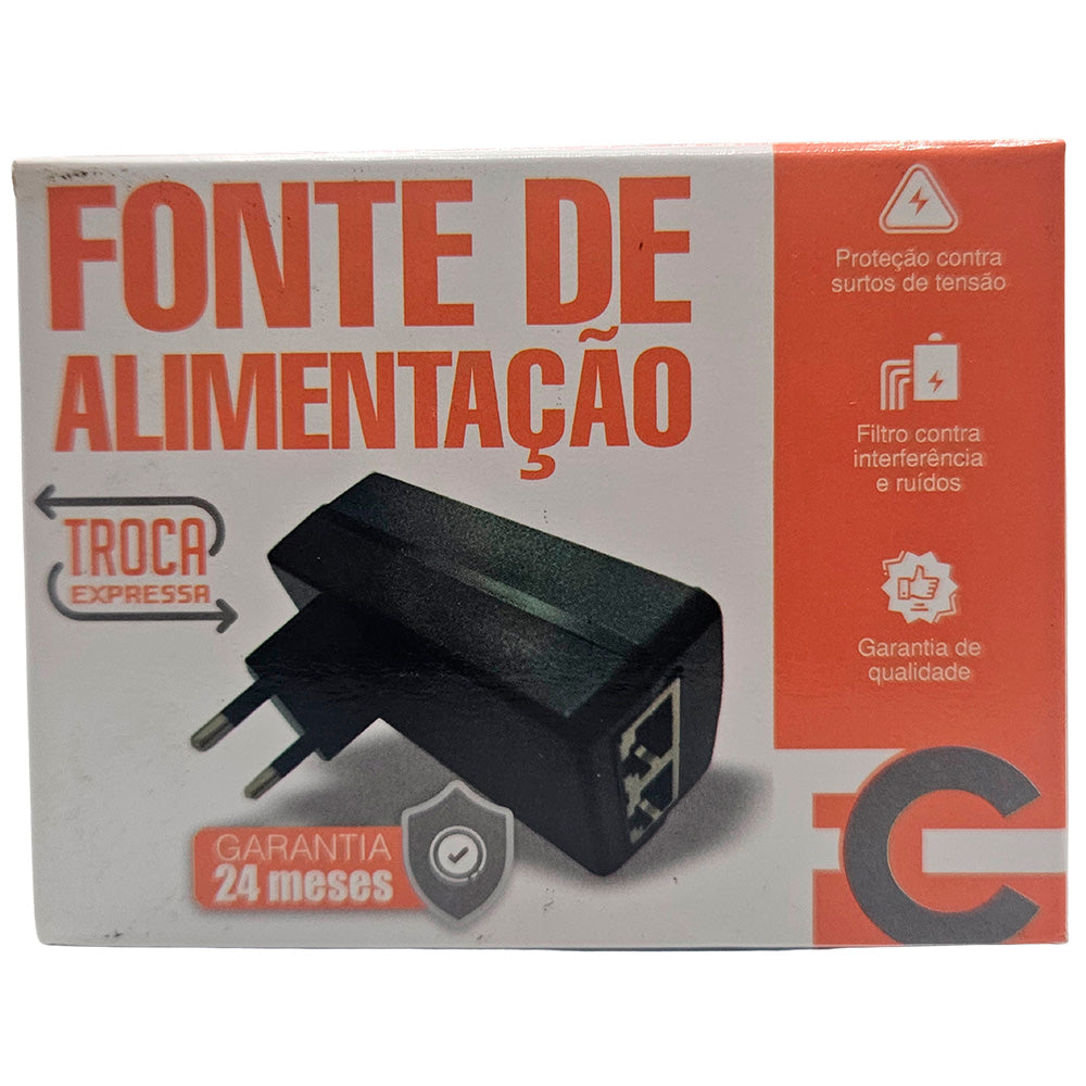 Fonte PoE 48Vdc 0.5A (24W), Bivolt 100-240Vac, 2 Portas RJ-45, PoE Passivo, Plug and Play, FCPOE02 - FC Fontes