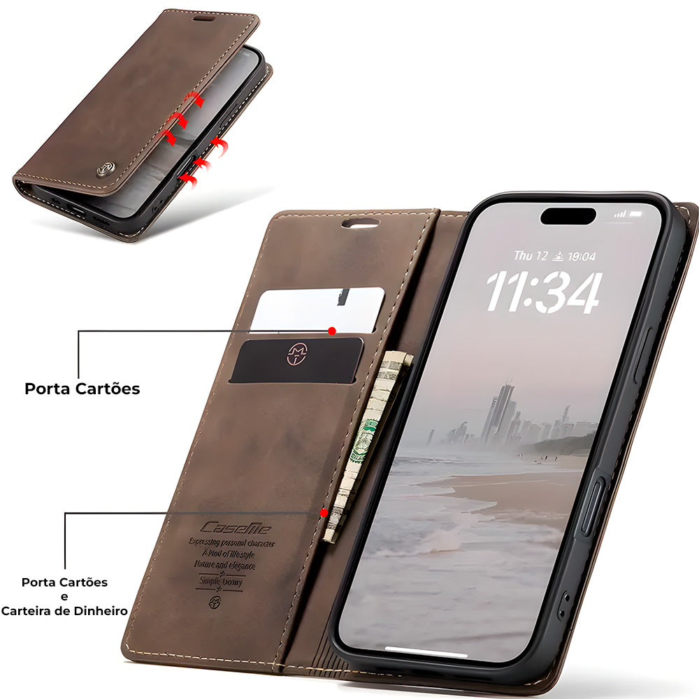 Capa Carteira Flip de Couro Para iPhone 16 Pro MAX, Magnética, Com Porta Cartões, Marrom