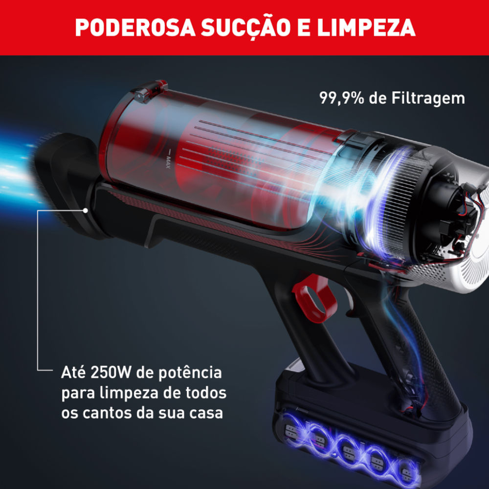 Aspirador Pó Sem Fio Arno X-Force Flex 9.60 RH20, Bivolt, 18V 0.4L Tubo Flexível LED Filtro HEPA Autonomia 45min, Preto