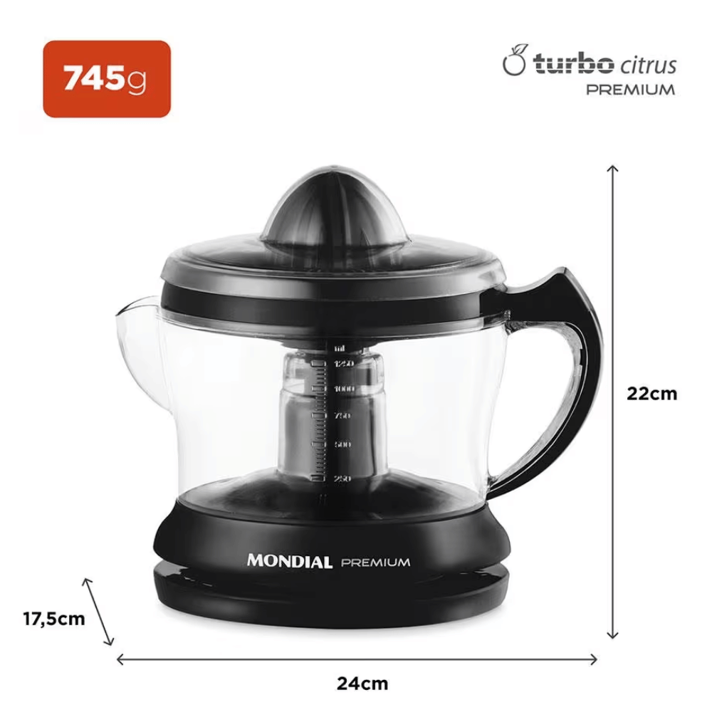 Espremedor de Frutas Mondial E-02 Premium - Elétrico 30W 1,25L Automático