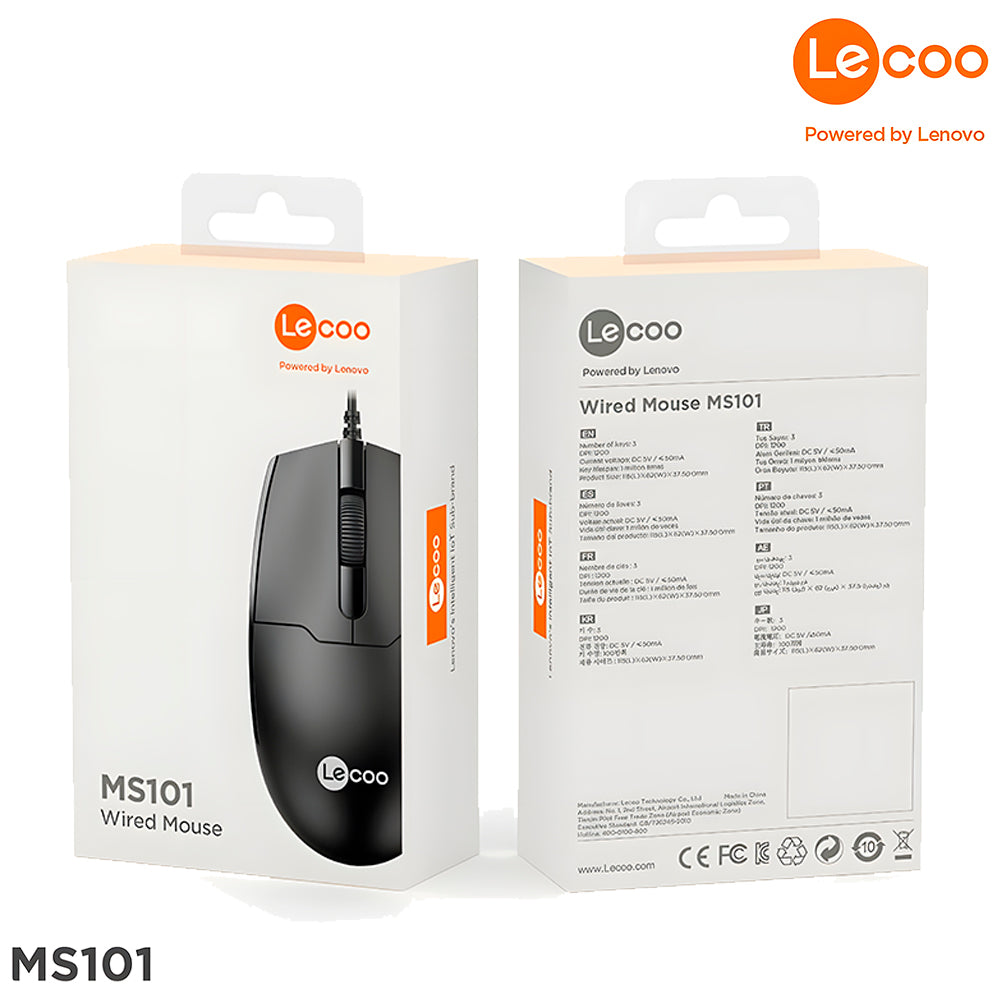 Mouse Ópitco Com Fio USB, Lenovo Lecoo, 1.200 DPI, MS101, Ergonômico, Preto