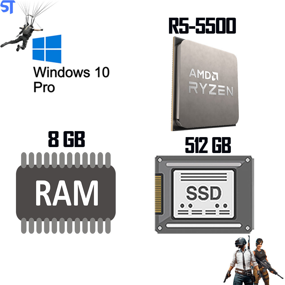 Computador Gamer AMD Ryzen 5-5500 Placa De Vídeo GTX1050-4GB SSD-240-Kingston 8GB-RAM Fonte-500W Gab-220BK