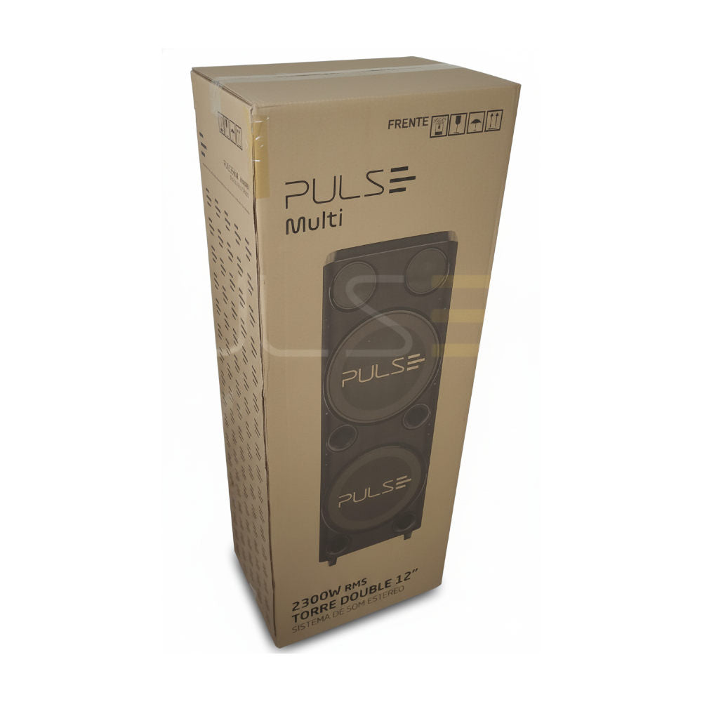 Caixa de Som Pulse SP508, Torre Double 12", 2300W RMS, Bluetooth, USB, Iluminação LED, Rádio FM – Preto