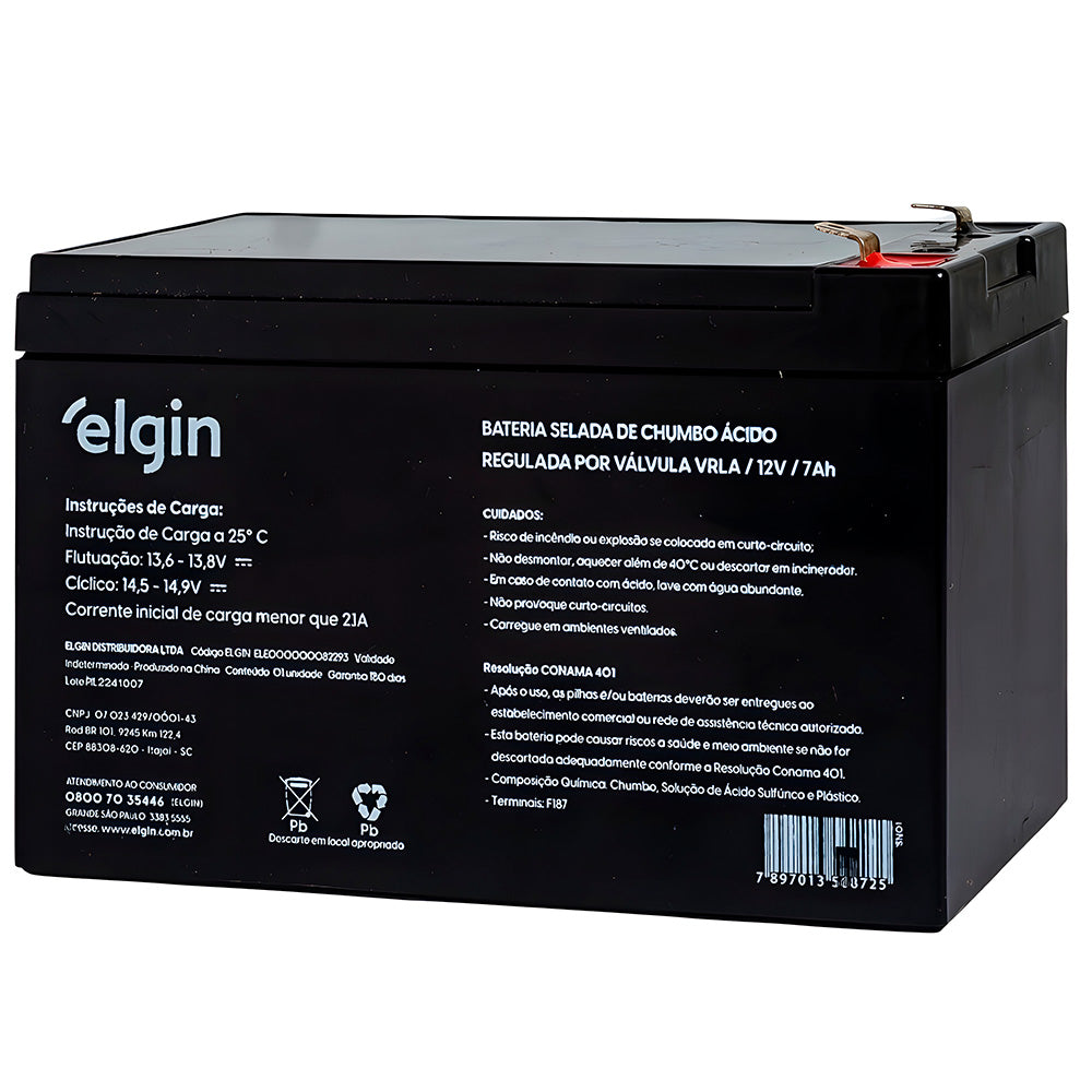 Bateria Para Nobreak 12V, 7Ah Selada, Elgin ELE000000082293, Chumbo, VRLA