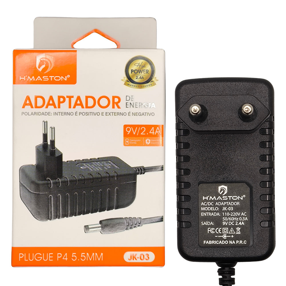 Fonte de Alimentação AC/DC 9V 2.4A, Plug 5.5mm P4, JK-03, H'Maston- Preto