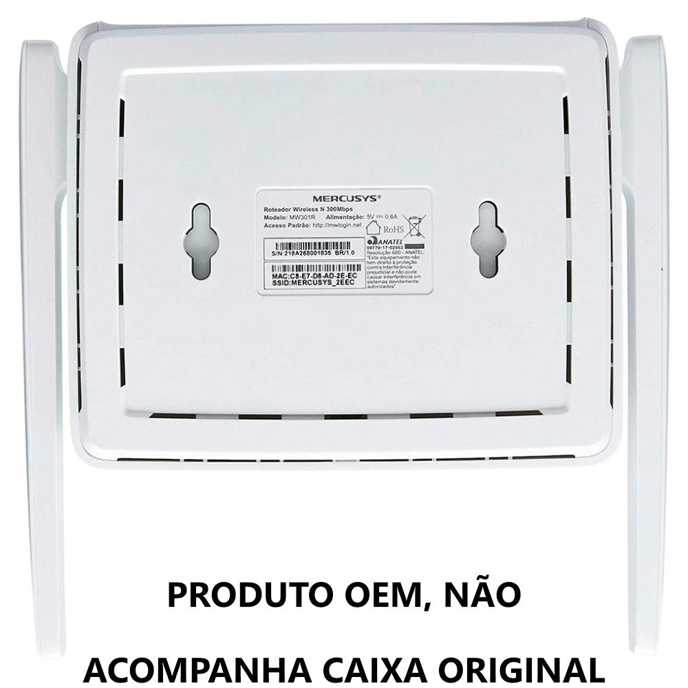 Roteador Mercusys MW301R Wireless Wi-Fi 4 Fast Ethernet  N 300Mbps Duas antenas de 5dBi  OEM S/Caixa
