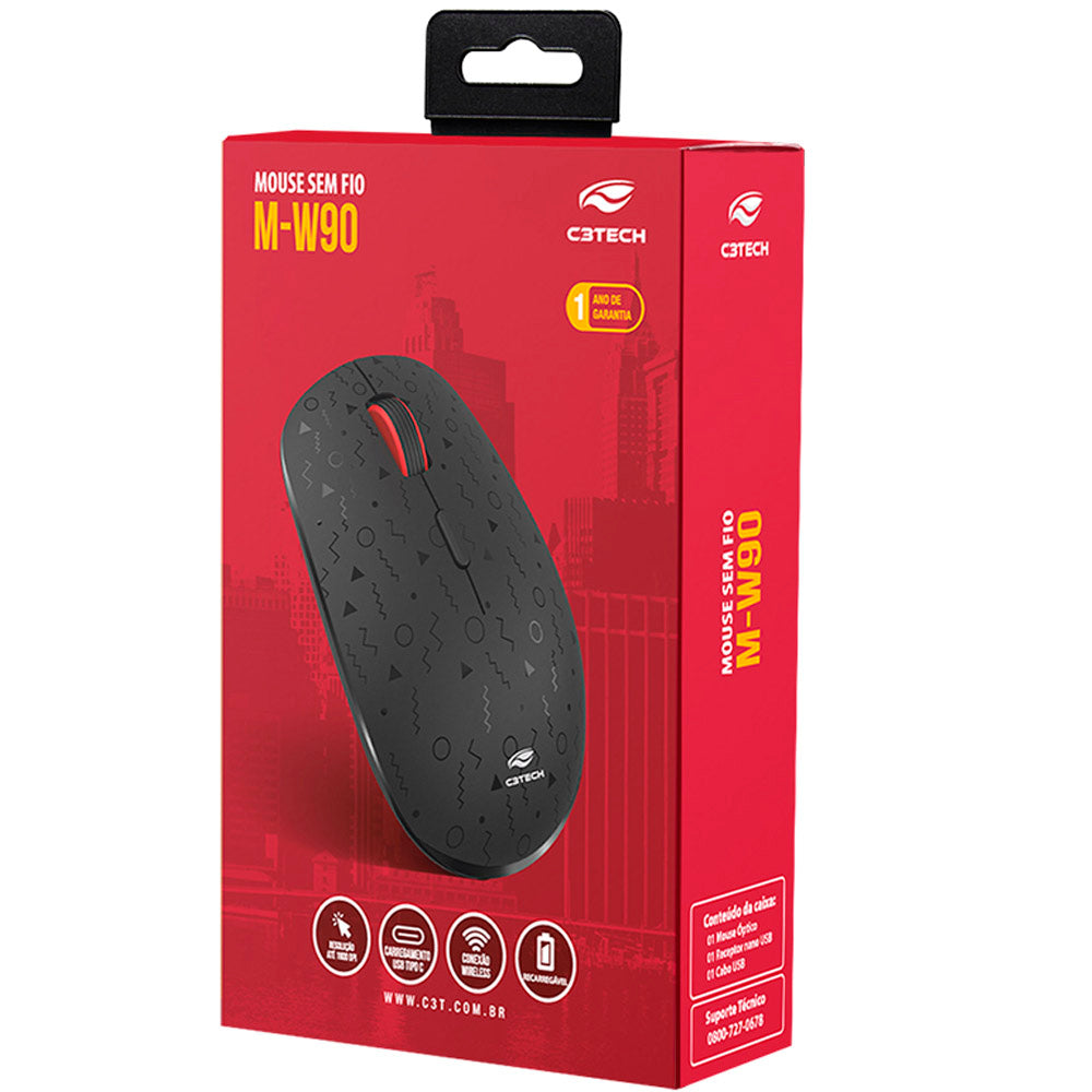 Mouse Sem Fio Recarregável M-W90BK, 1600 DPI, C3Tech - Preto