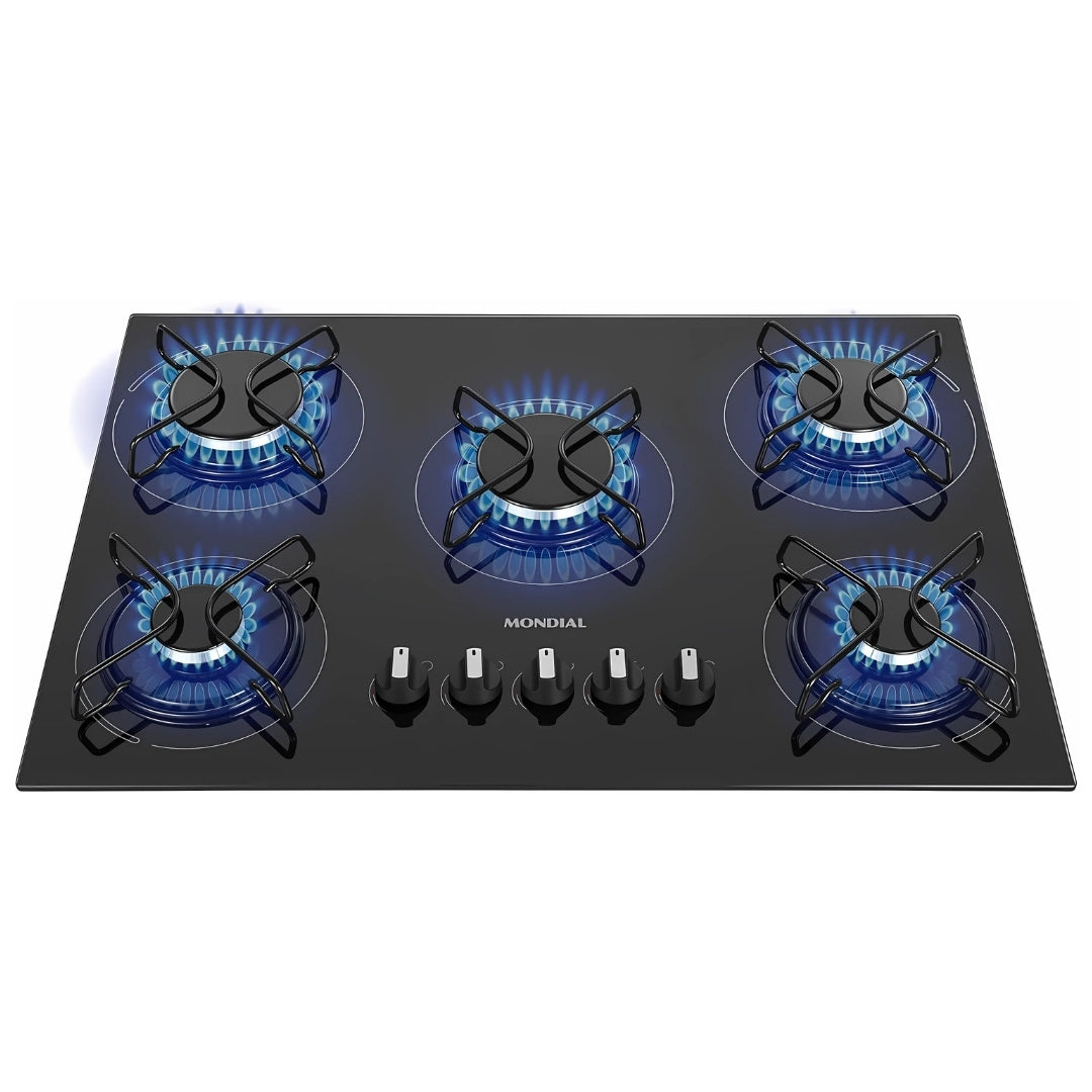 Cooktop 5 Bocas a Gás GLP Mondial CTG-02, Vidro Temperado Preto, Acendimento Automático, Bivolt