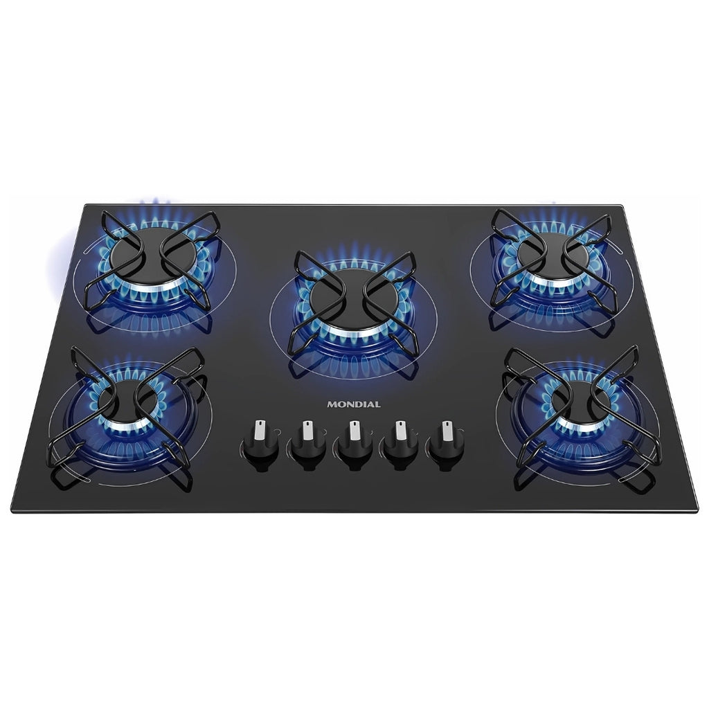 Cooktop 5 Bocas a Gás GLP Mondial CTG-02, Vidro Temperado Preto, Acendimento Automático, Bivolt