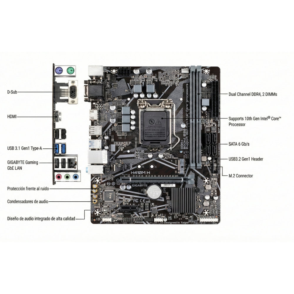 Placa-Mãe Gigabyte H410M-H LGA 1200 DDR4 HDMI SATA 3 USB 3.2 PCI-E x16 ATX - OEM S/Caixa